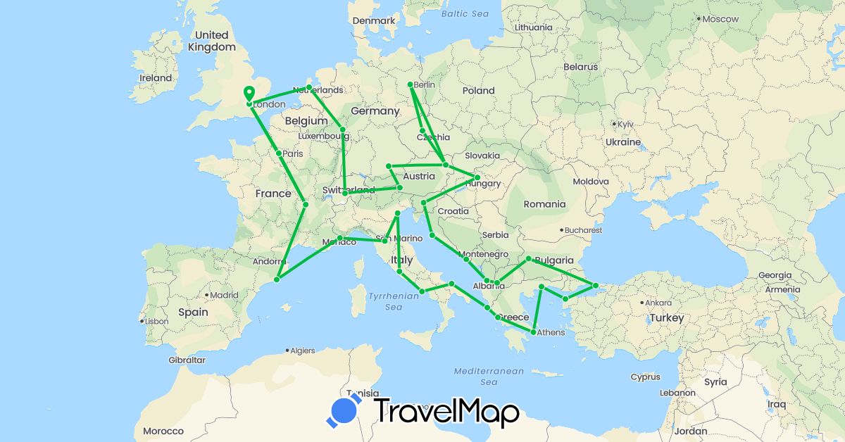 TravelMap itinerary: driving, bus in Albania, Austria, Bulgaria, Switzerland, Czech Republic, Germany, Spain, France, United Kingdom, Greece, Croatia, Hungary, Italy, Macedonia, Netherlands, Slovenia, Turkey (Asia, Europe)